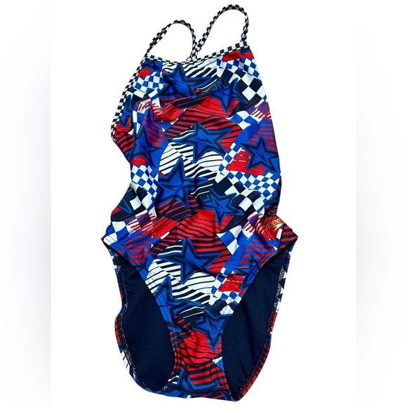 Speedo olympic Overdrive proLT Double X Back blue Red Star Swimsuit size‎ 34 M/L - Picture 2 of 11